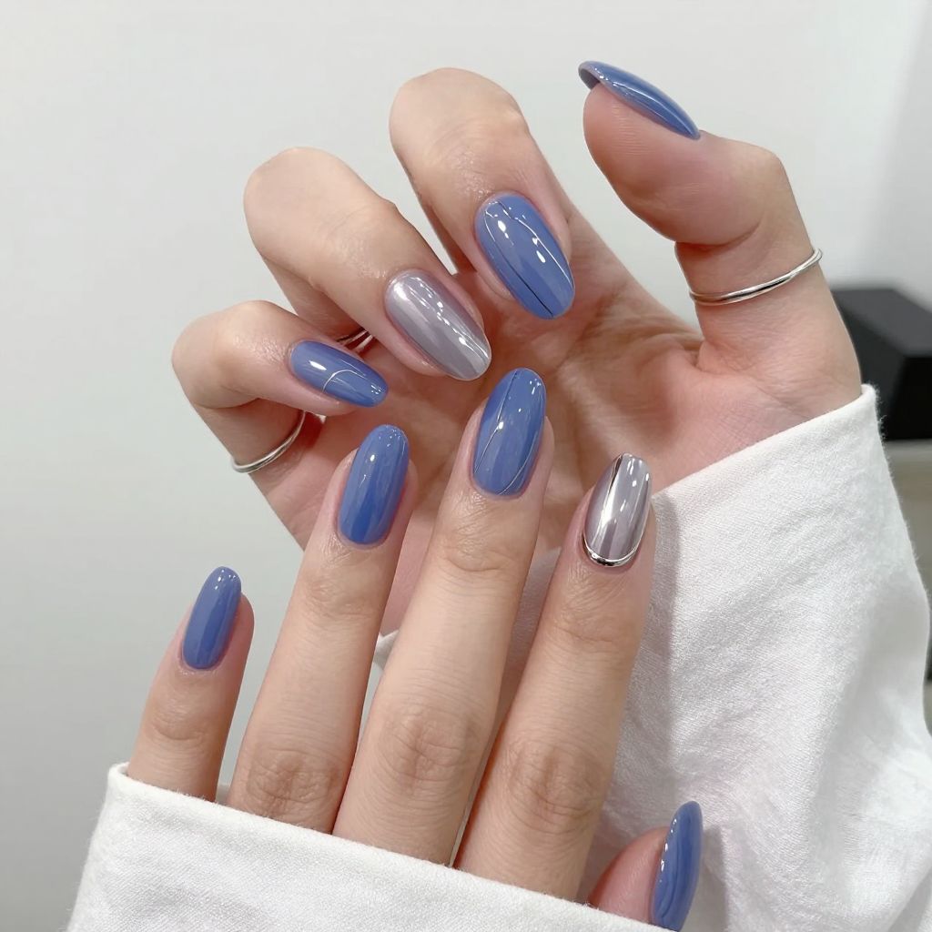Periwinkle Almond Nails With Silver Detail