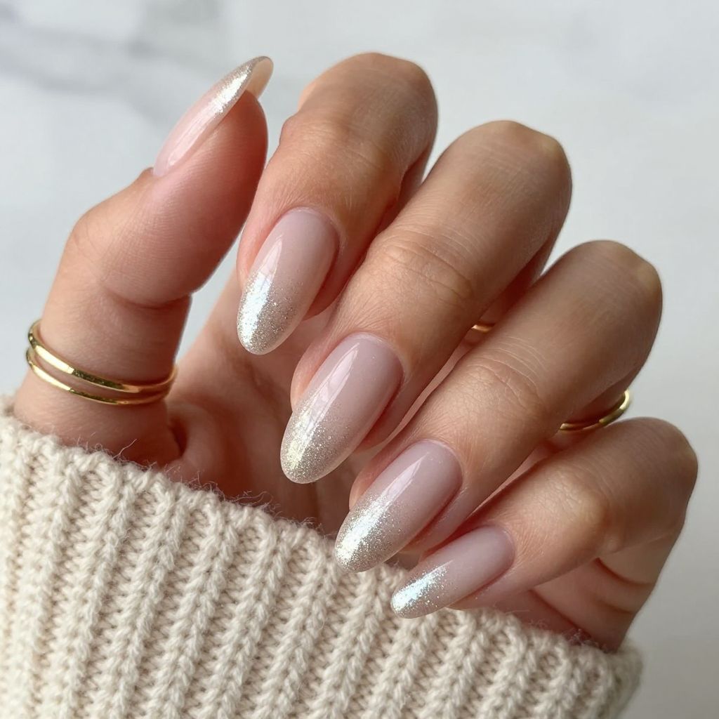 Soft Glitter Fade Almond Nails