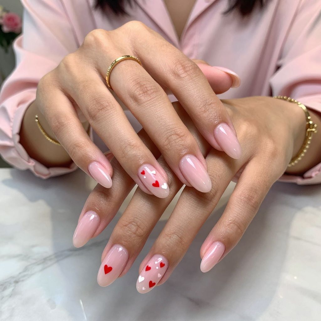 Sheer Pink Almond Nails With Tiny Hearts