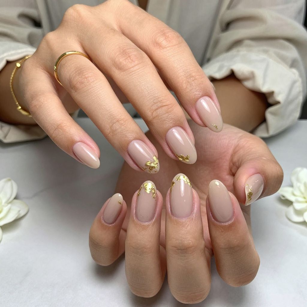 Nude Almond Nails With Gold Foil