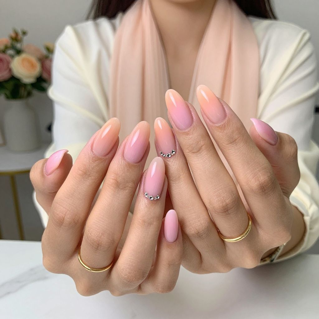 Ombre Peach to Pink Almond Nails with Rhinestone Cluster