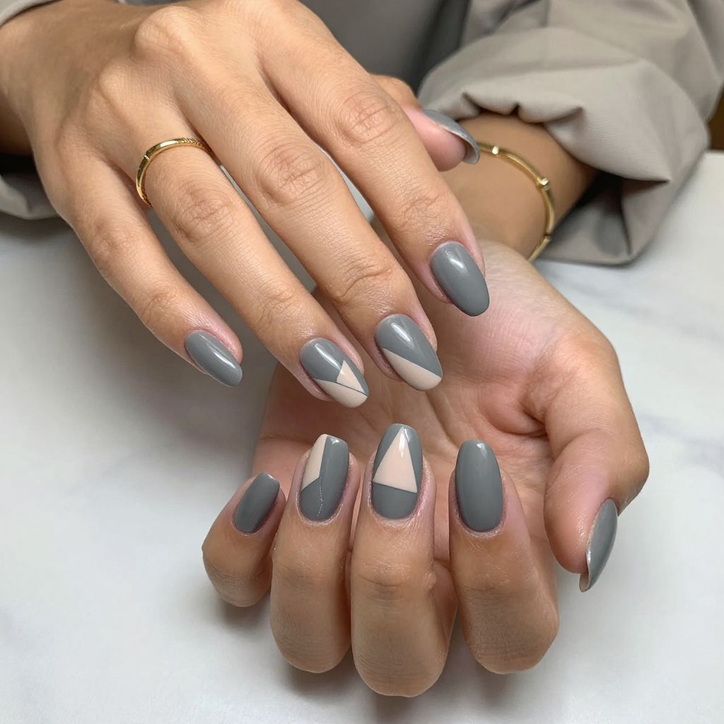 Smoky Grey Almond Nails with Negative Space Triangles