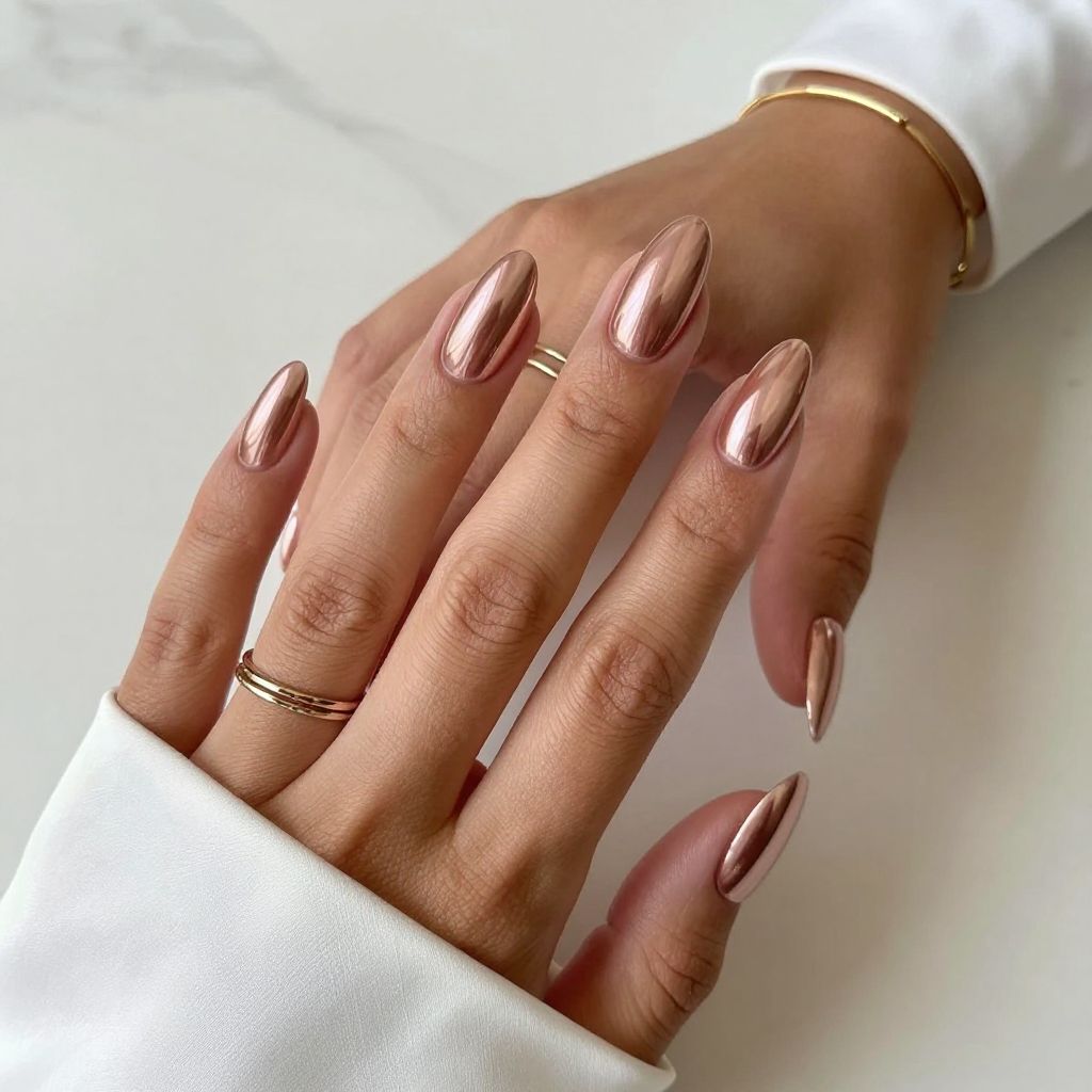 Chrome Almond Nails in Rose Gold