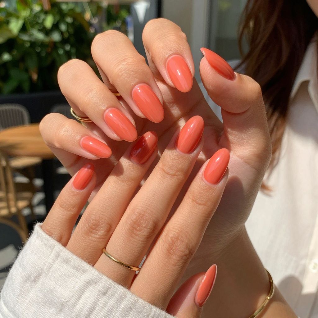 Coral Almond Nails with a Glossy Jelly Finish