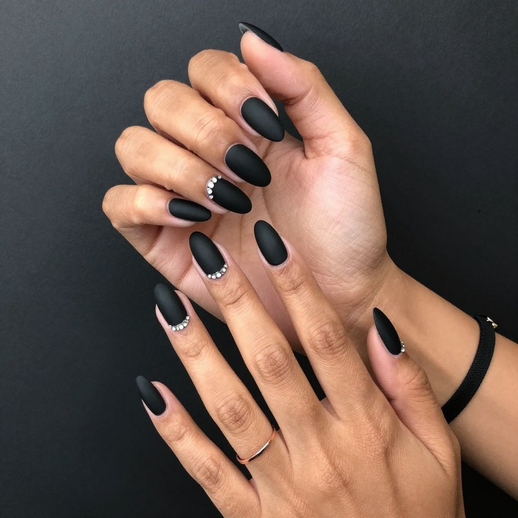 Matte Black Almonds with Rhinestones
