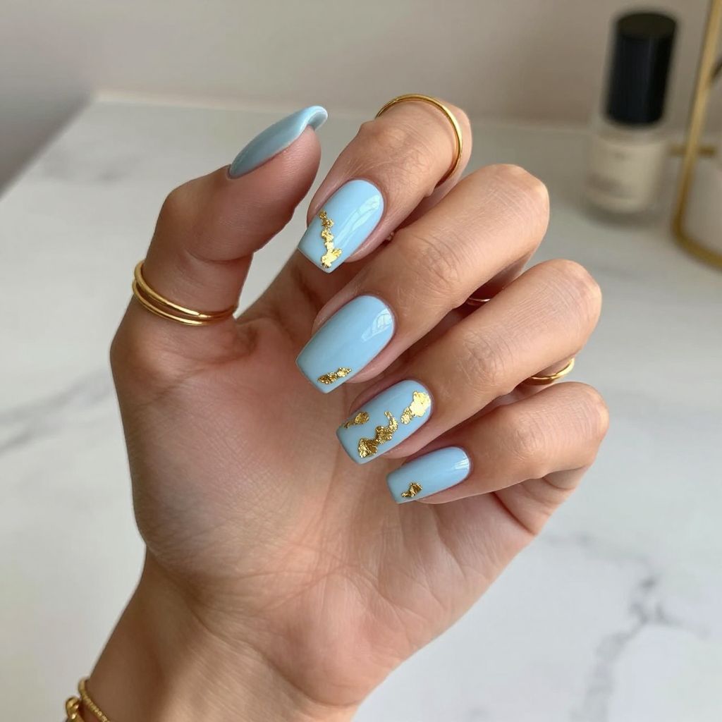 Baby Blue and Gold Foil Accents Nails