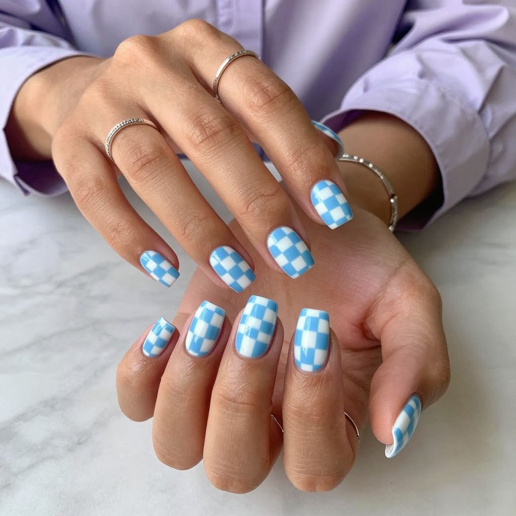 Baby Blue Checkerboard Nails