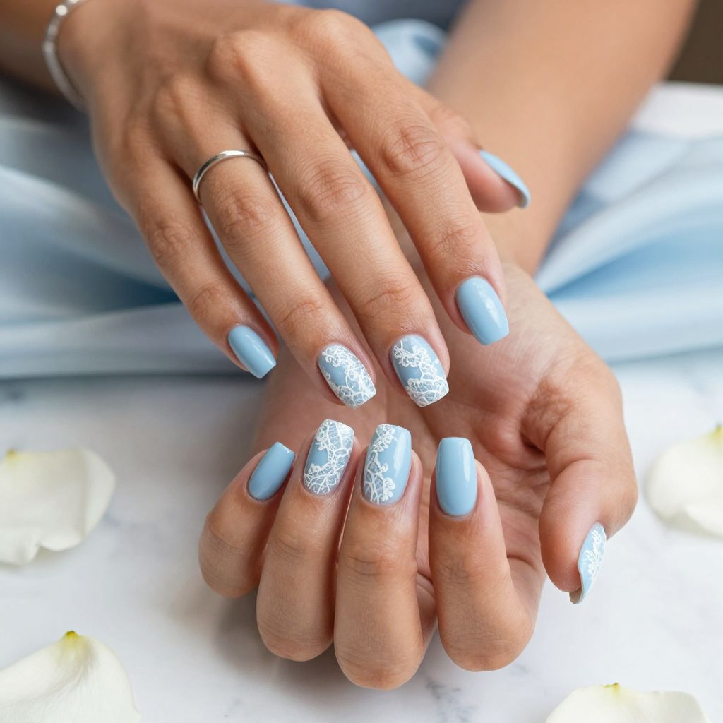 Baby Blue with White Lace Detailing Nails