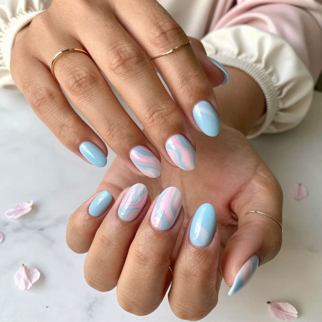 Baby Blue and Soft Pink Marble Twist Nails