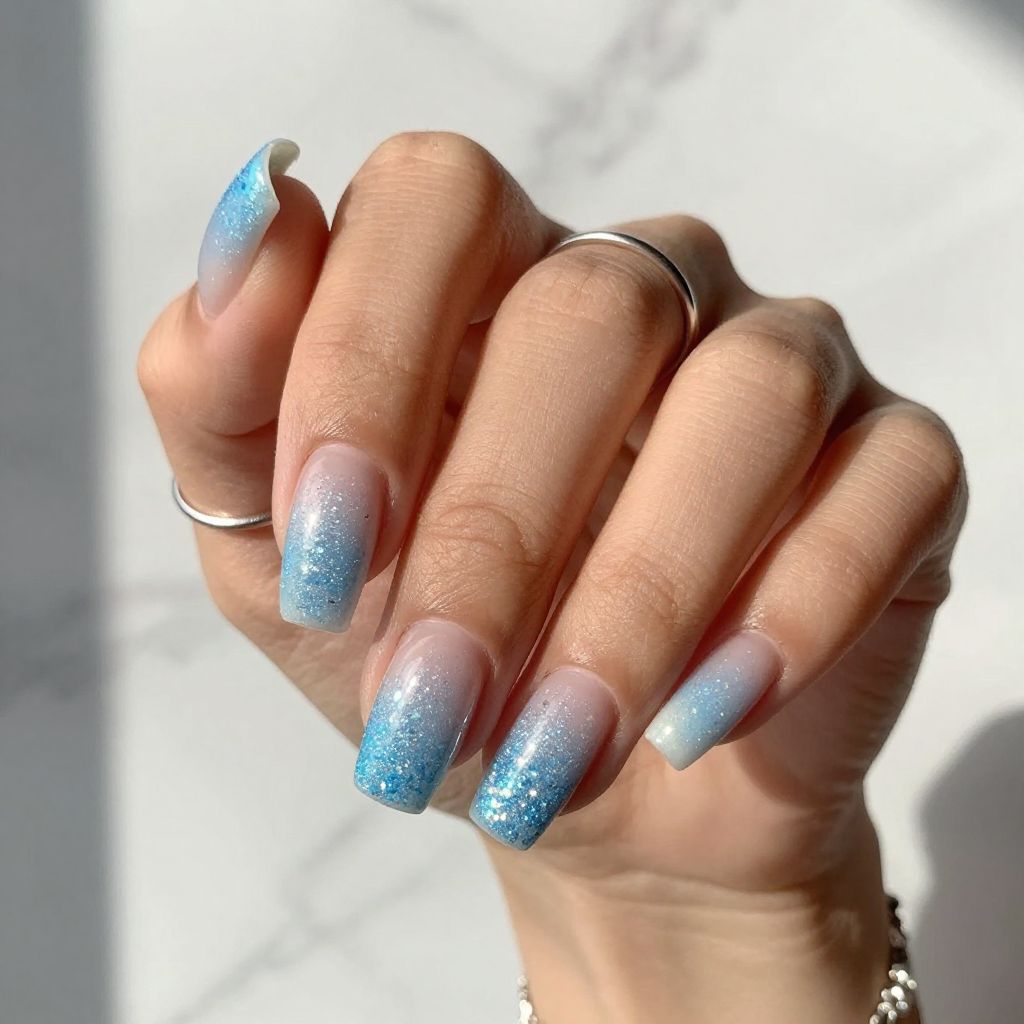 Sparkling Baby Blue Glitter Gradient Nails