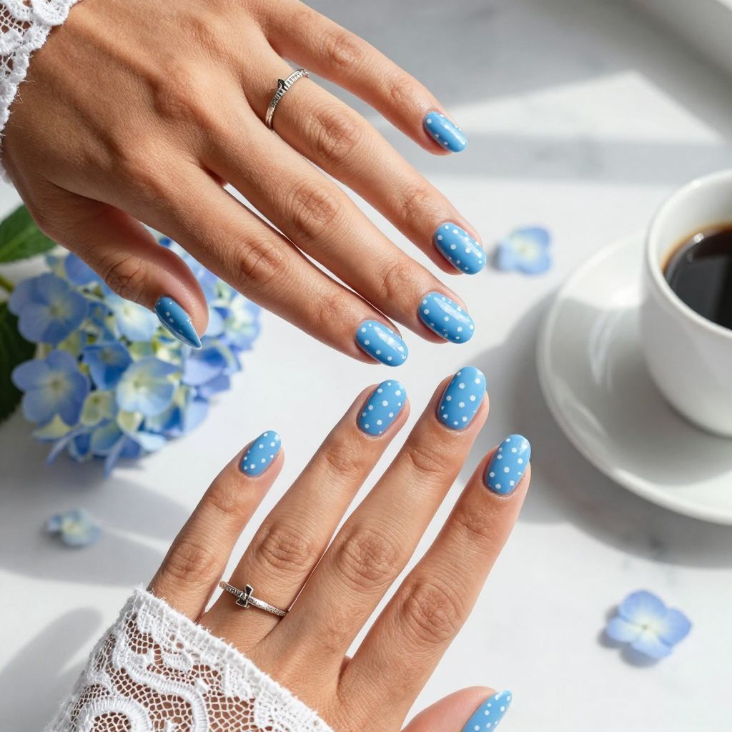 Baby Blue and White Polka Dots Nails