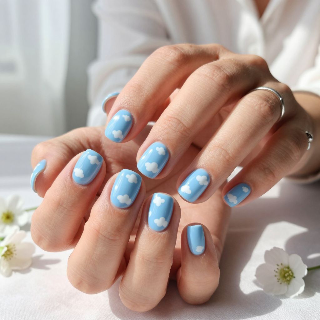 Baby Blue with White Clouds Nails