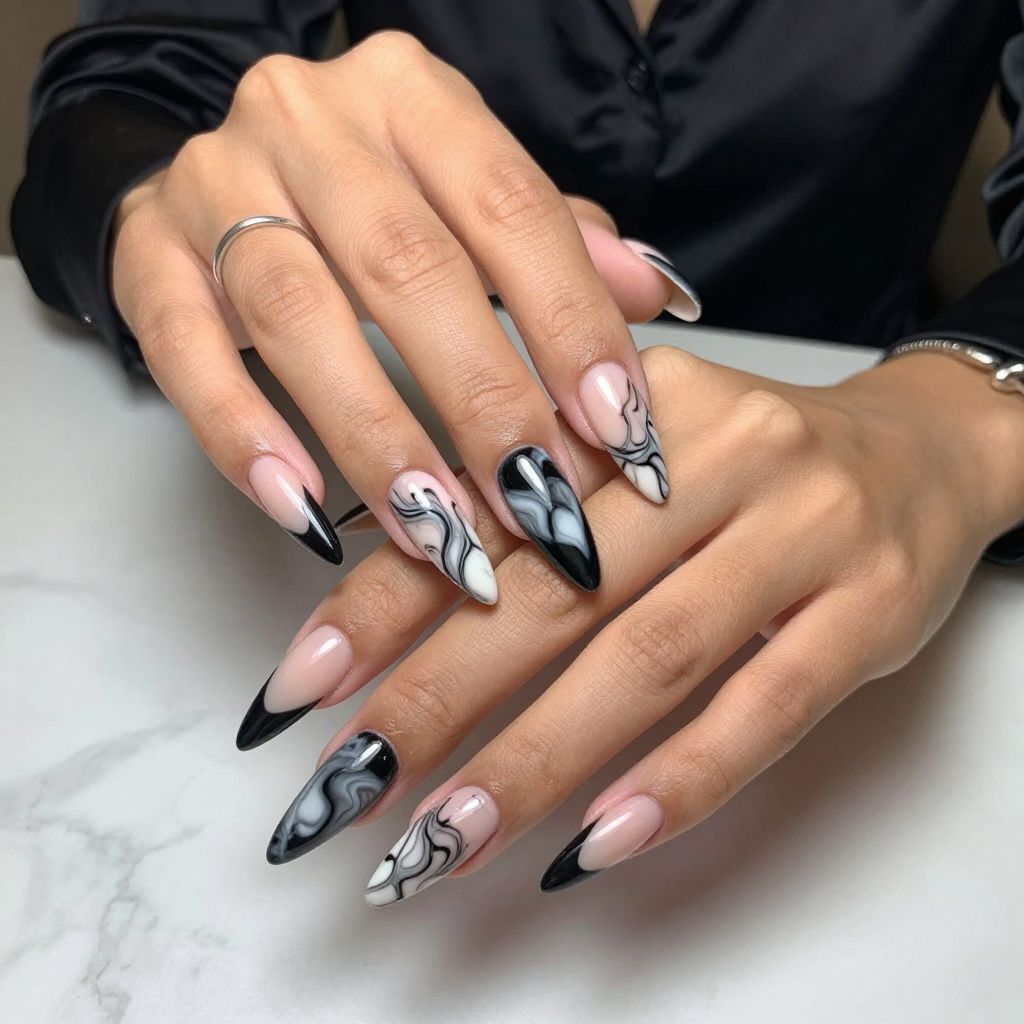 Edgy Black Marble Press On Nails