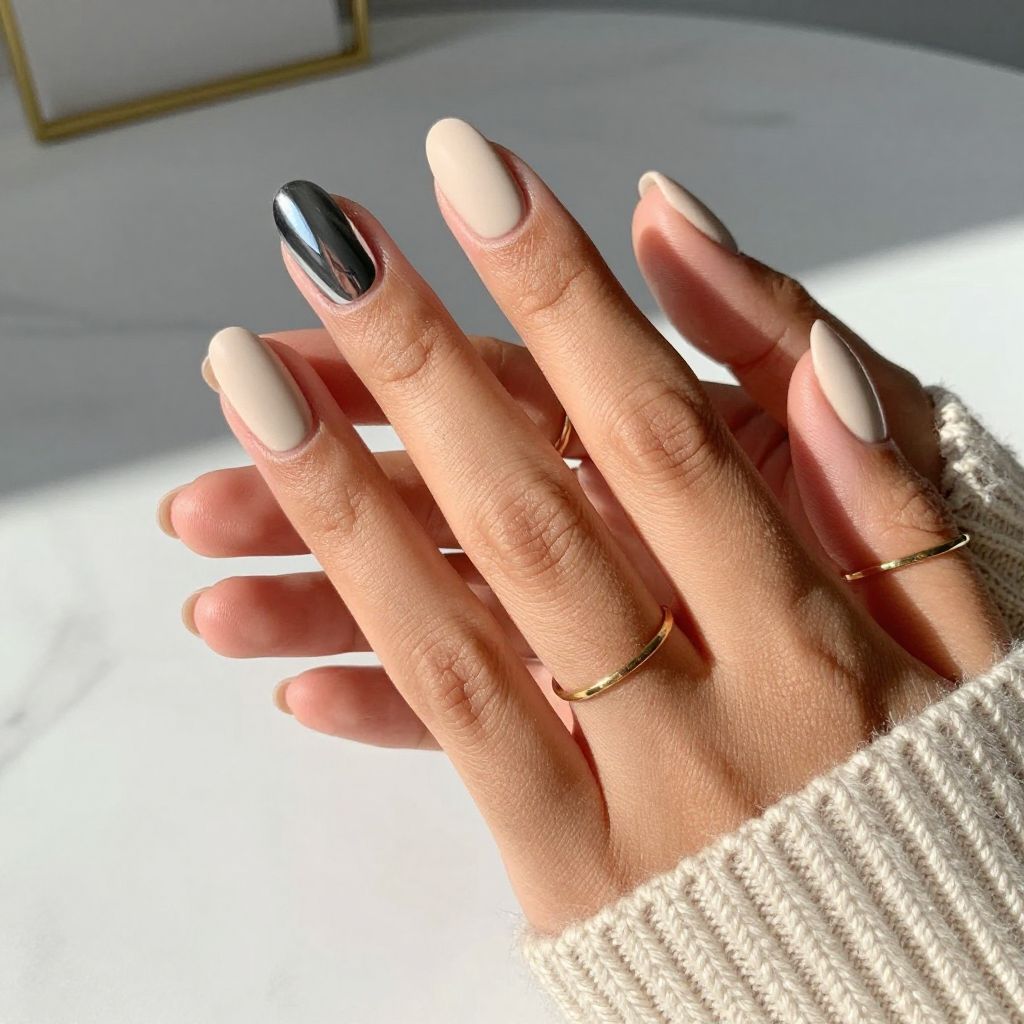 Minimal Black Chrome Accent Nail