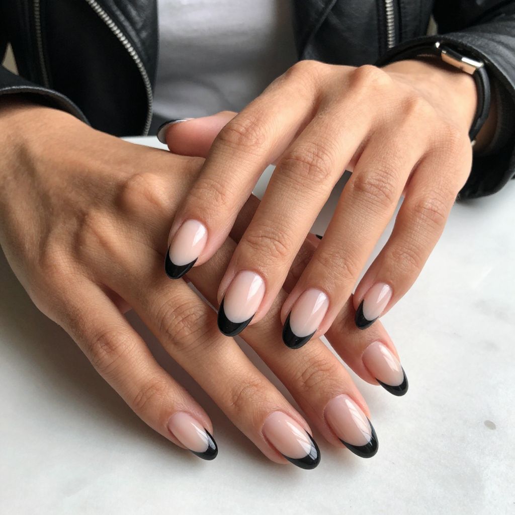Classic Black Tip on Almond Nails
