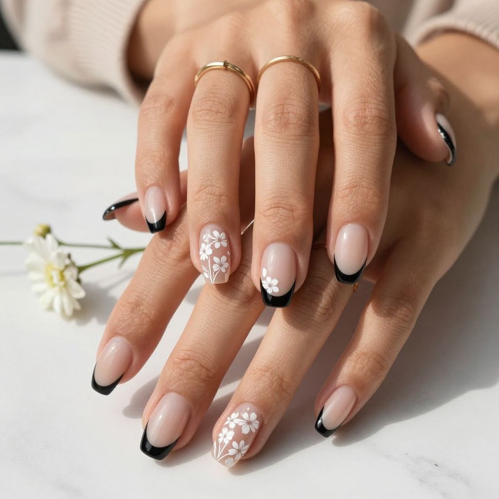 Black Tips with Floral Line Art