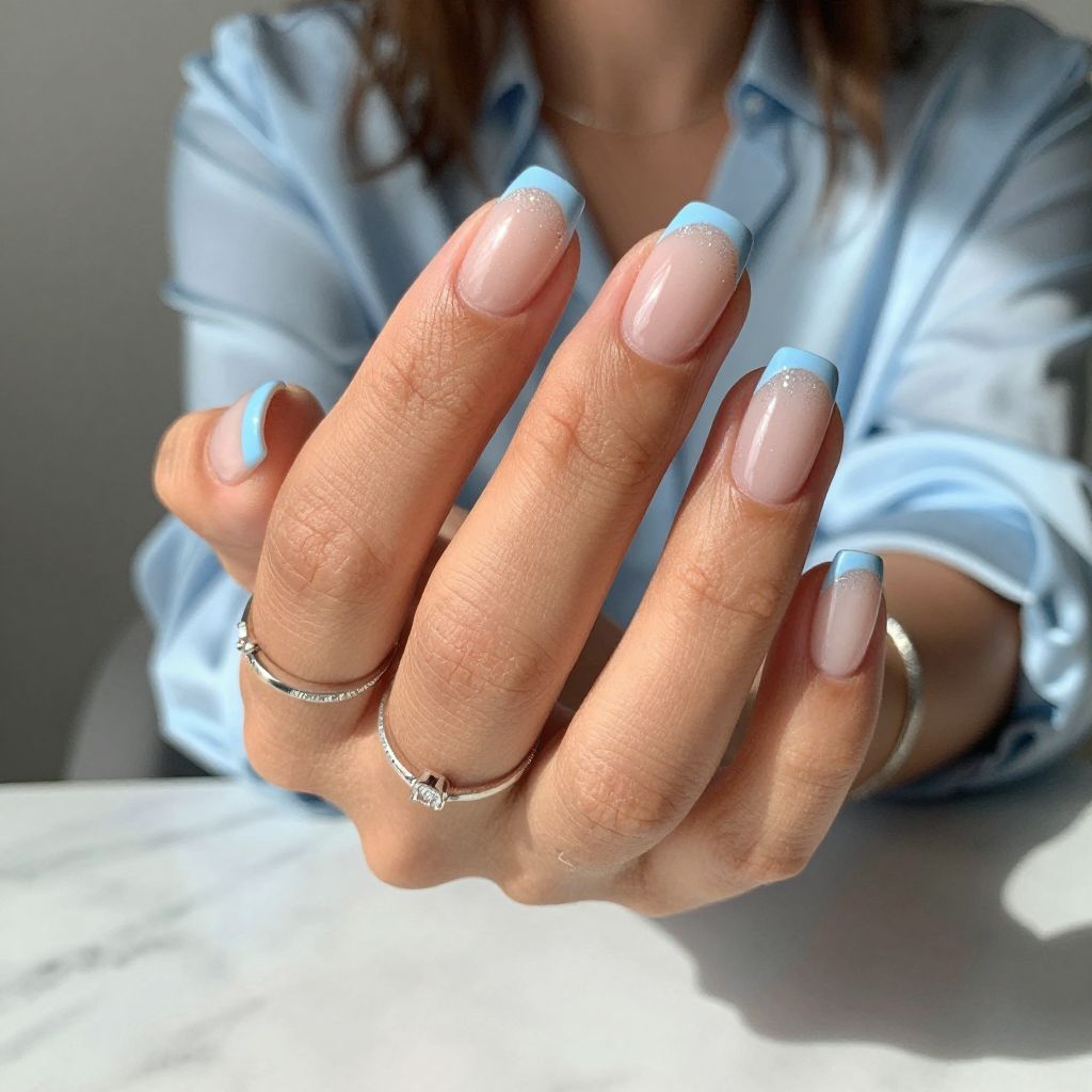 Soft Blue French with Holographic Flakes