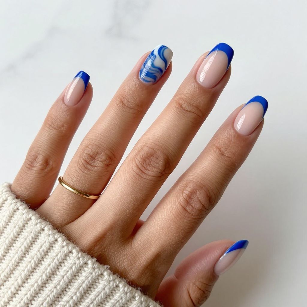 French Tip with Blue Marble Effect