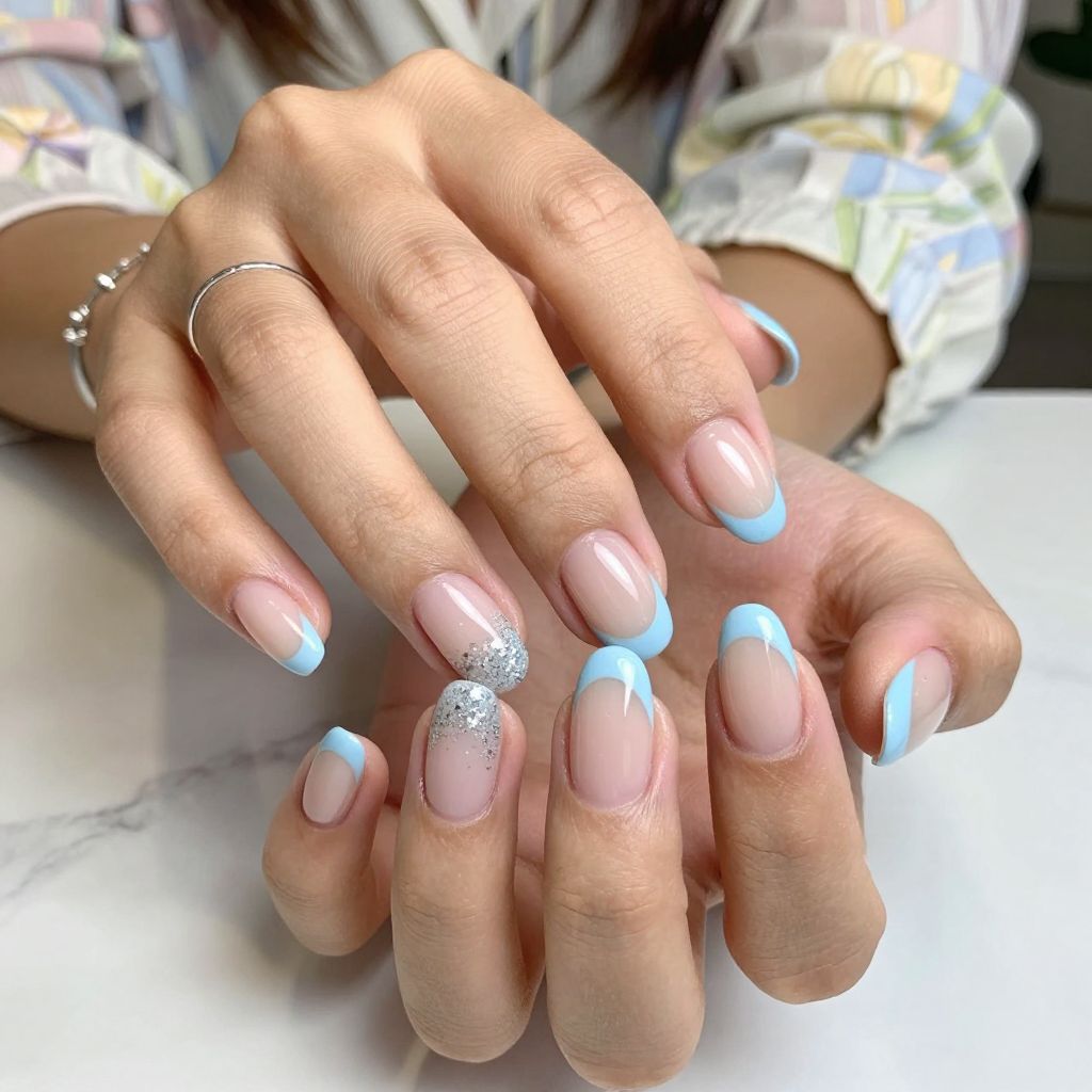 Pale Blue French with Silver Glitter Tips