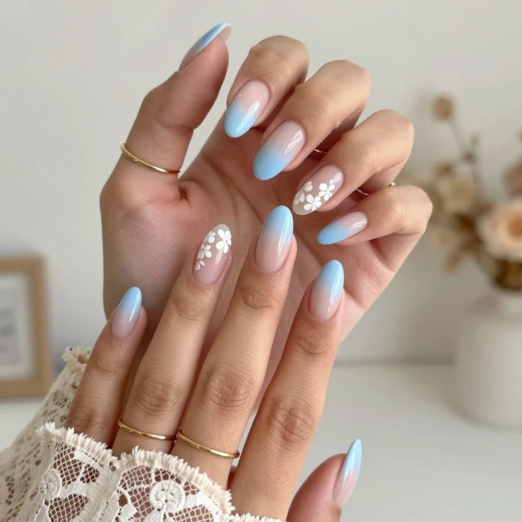 Pastel Blue French with White Accents