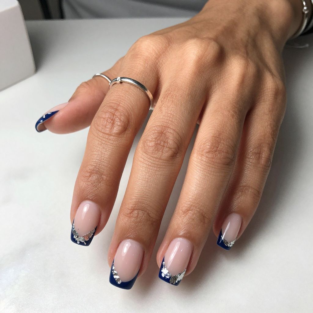 French Tip with Navy and Silver Foil