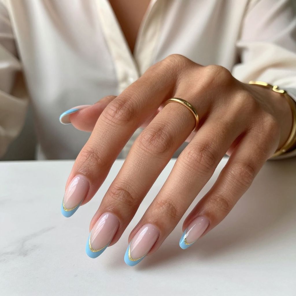 French Tip with Baby Blue and Gold Striping