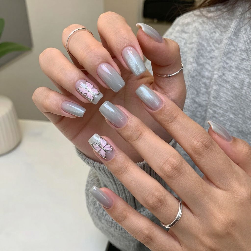 Soft Grey Butterflies with Pink Accents