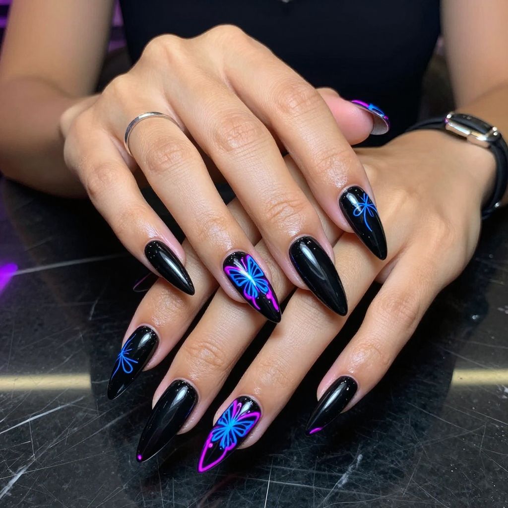 Glossy Black Butterflies with Neon Outlines