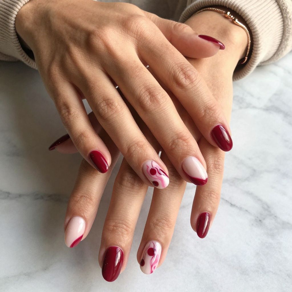 Cherry Swirl Marble Nails