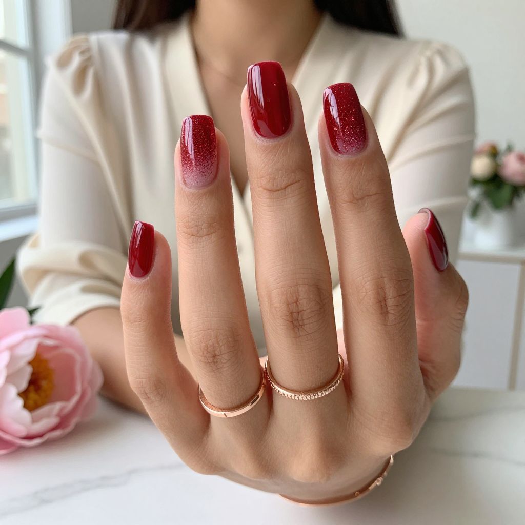 Cherry Glitter Gradient Nails