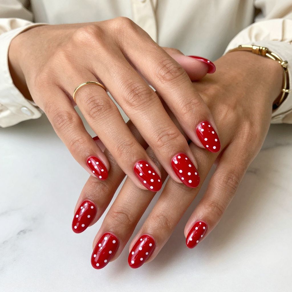 Cherry and White Polka Dots on Coffin Nails