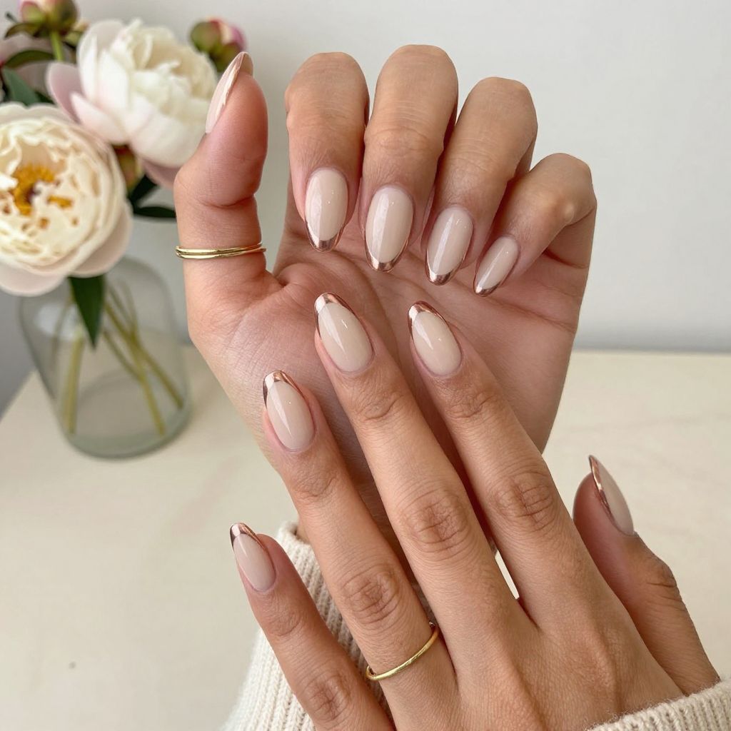 Rose Gold Chrome Tips with Matte Nude Base