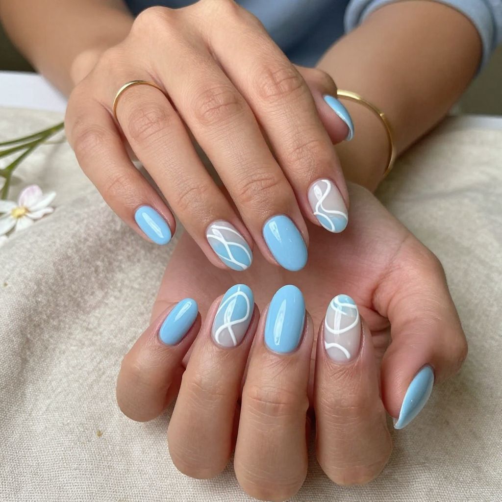 Baby Blue Oval with White Swirls