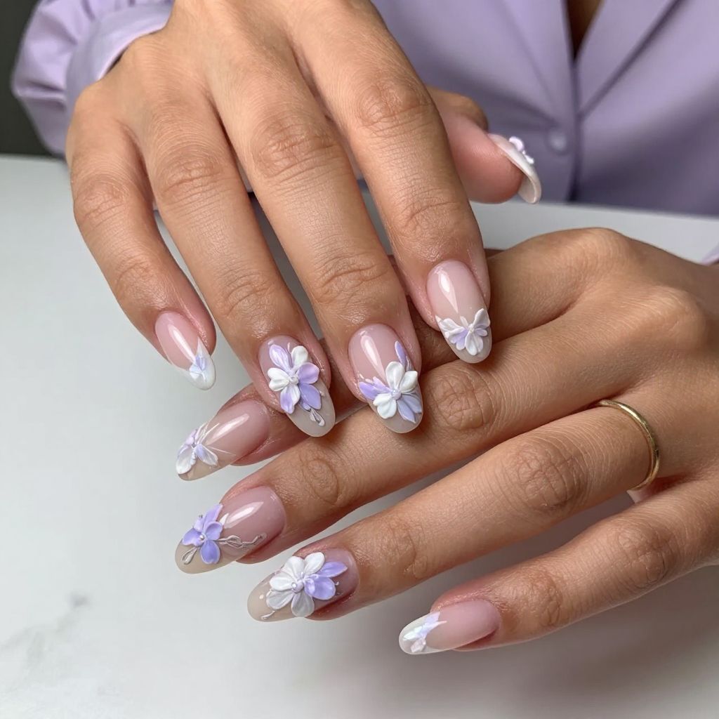 Clear Nails with 3D Floral Embellishments