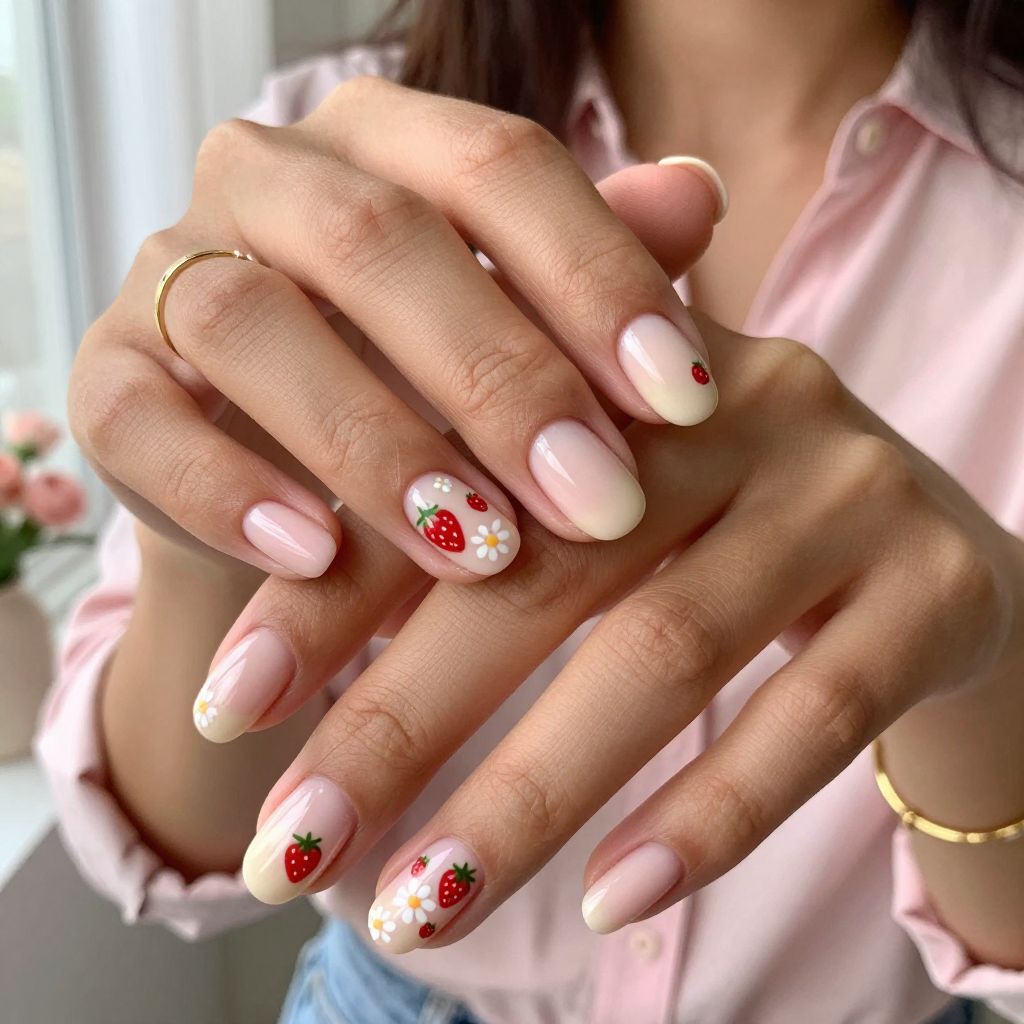 Strawberry Daisy Nail Art
