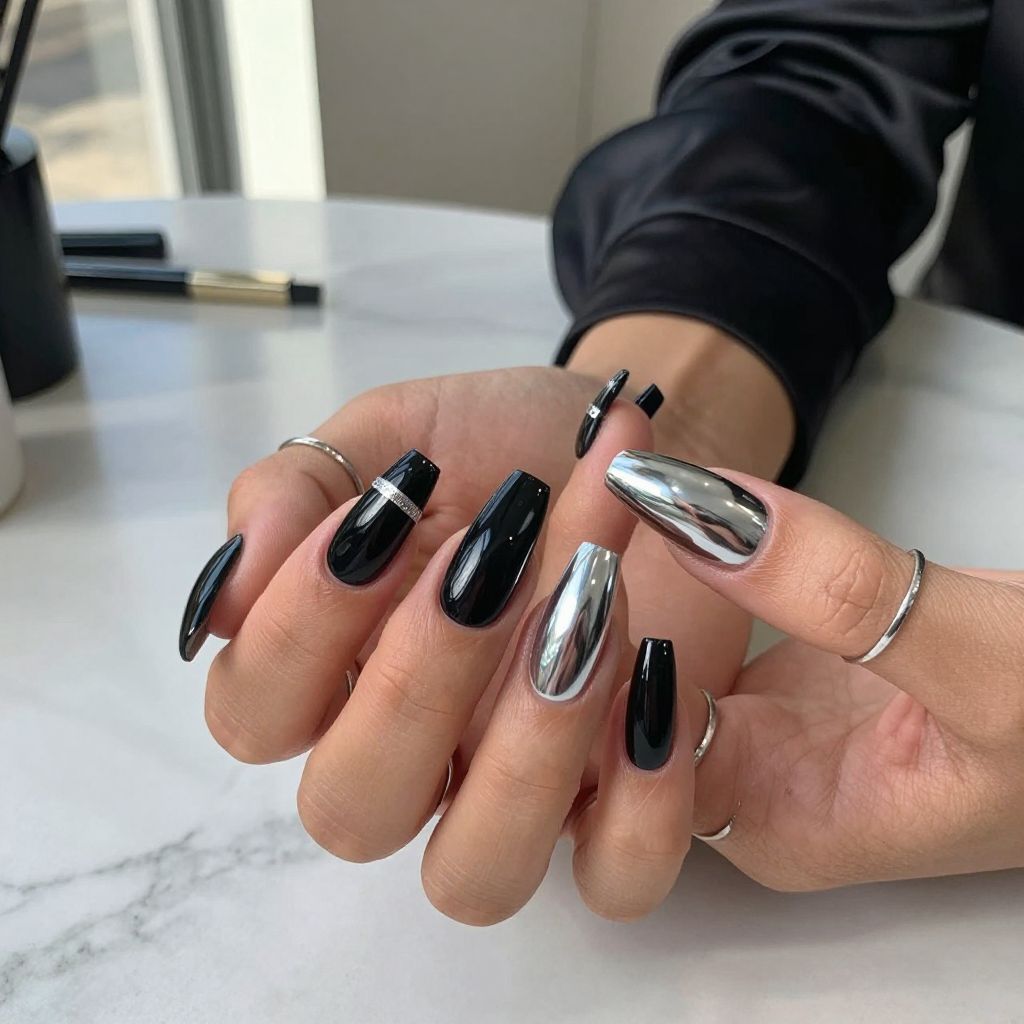 Black Tie Duck Nails With Chrome Shine