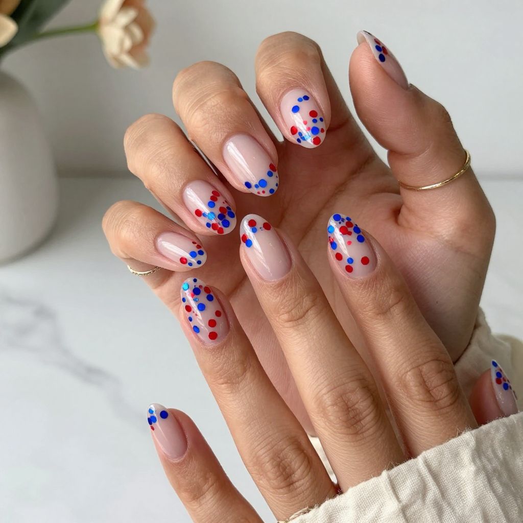 Clear Nails With Blue And Red Confetti