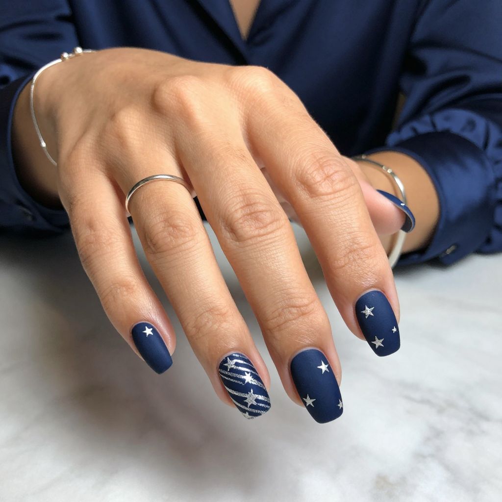 Navy Satin With Silver Star Stripes