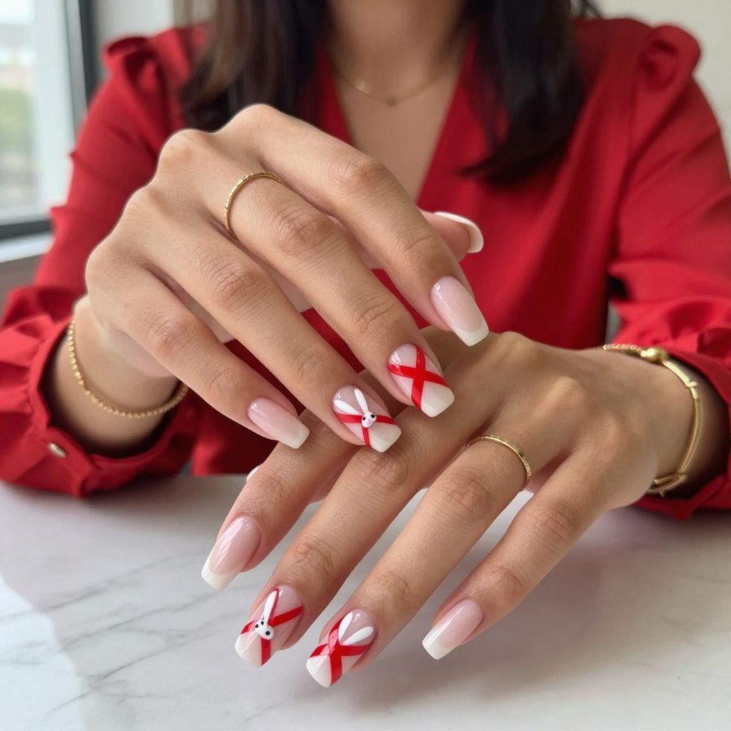 Red Ribbon Bunny Eyes Nails