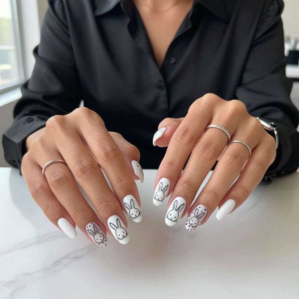 Monochrome Bunny Doodles Nails