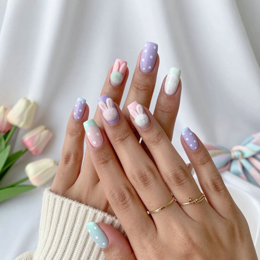 Fluffy Pom Pom Bunny Nails