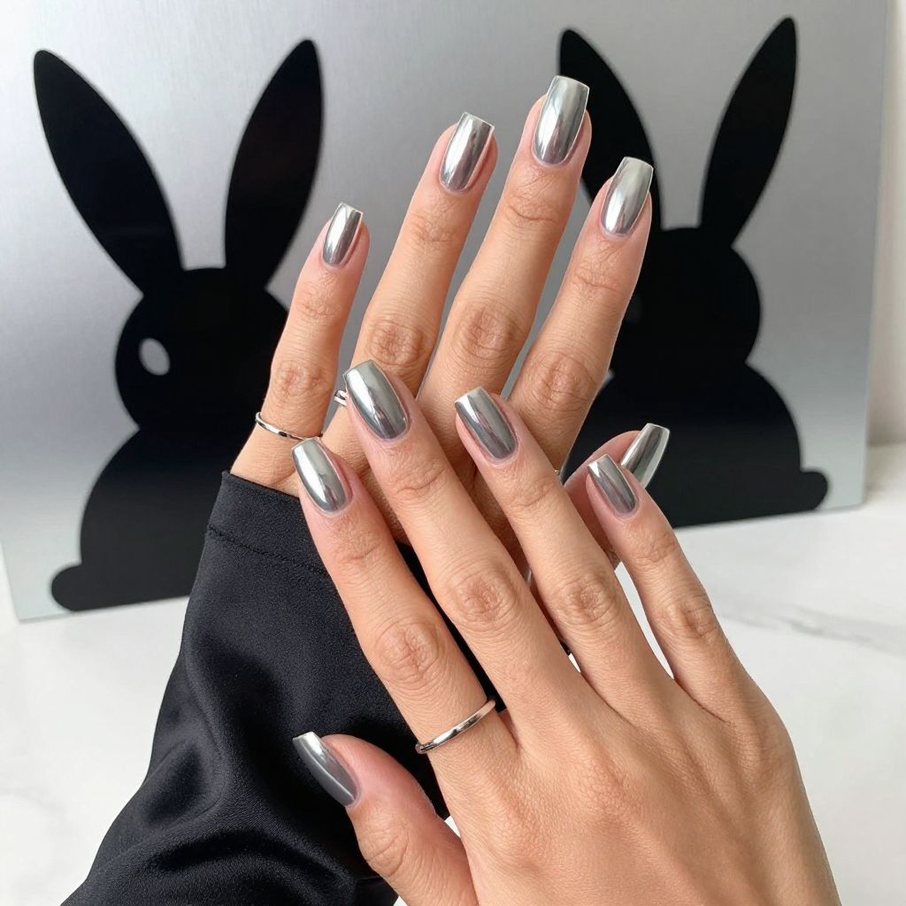 Metallic Silver Bunny Outlines Nails