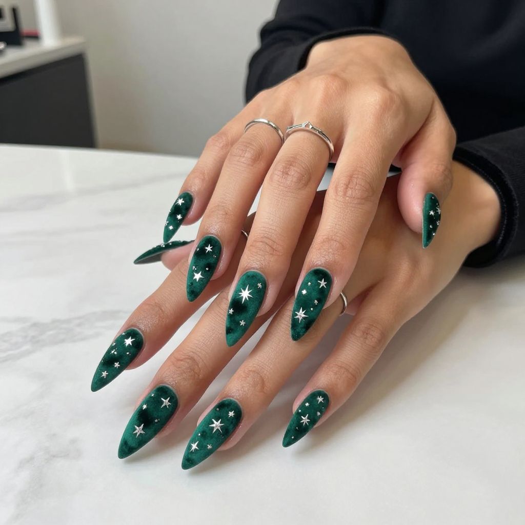 Midnight Green Velvet With Tiny Stars