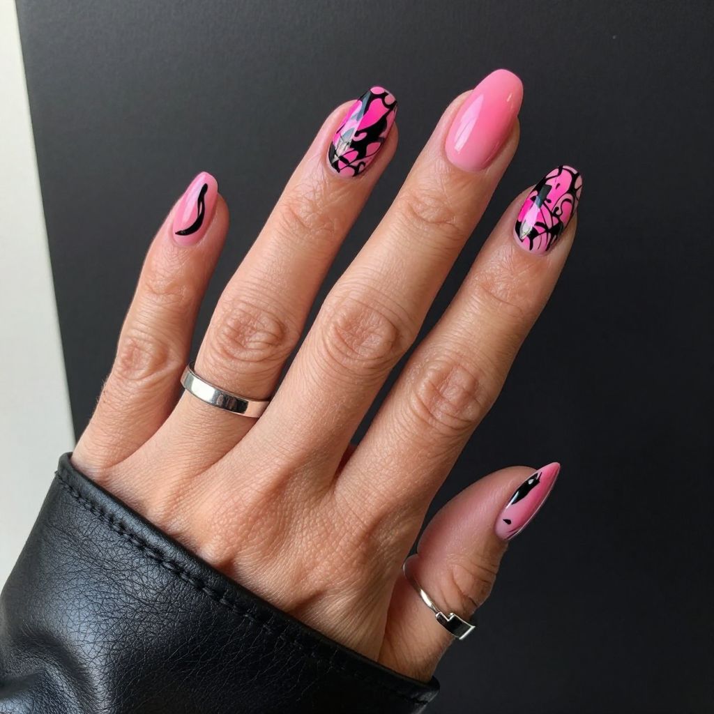 Hot Pink and Black Abstract Art Nails