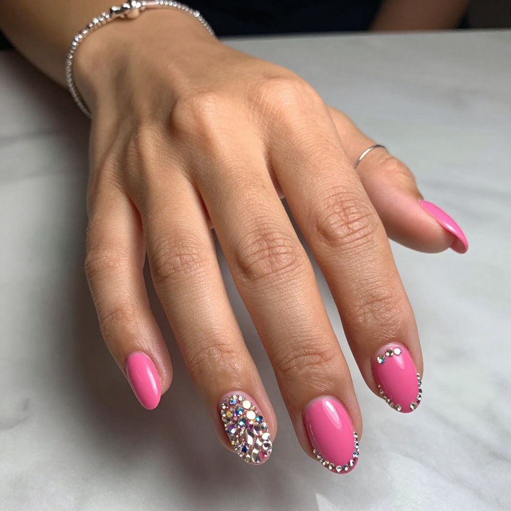 Hot Pink Swarovski Crystal Glam Nails