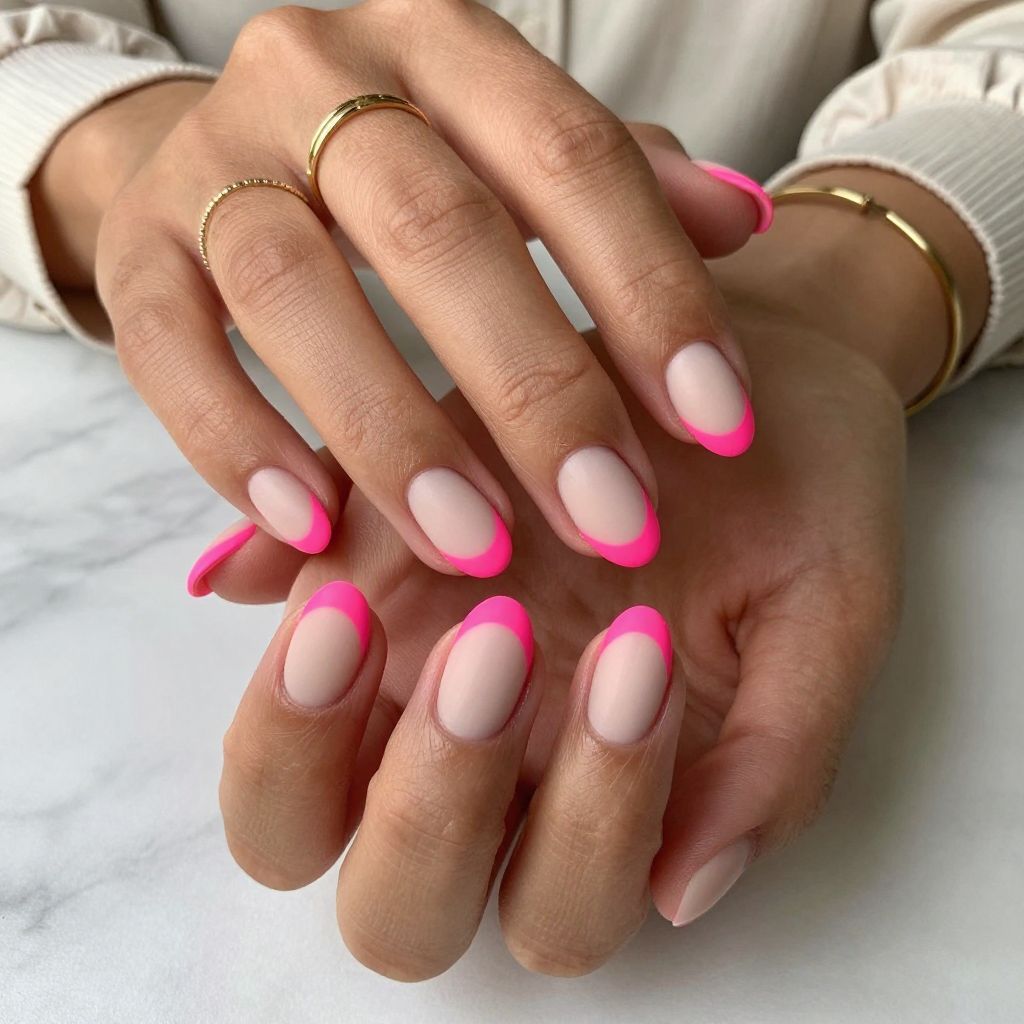 Neon Pink Matte Tips with Nude Base Nails