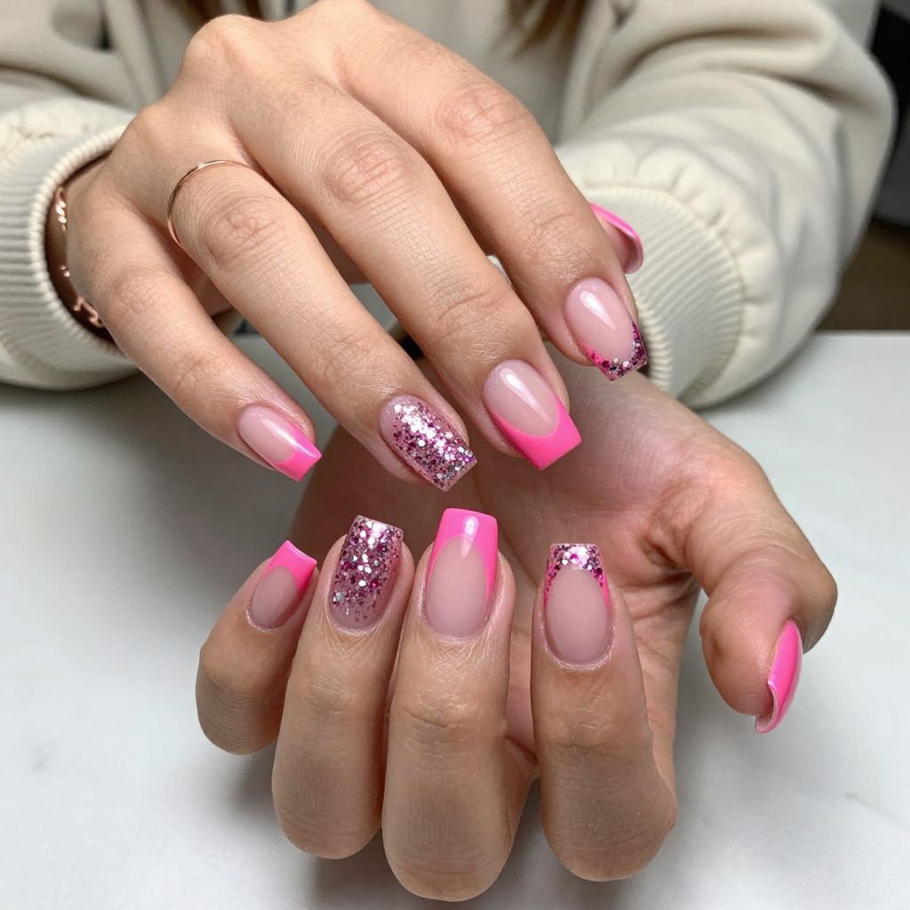 Hot Pink with Glitter-Filled Negative Space Nails