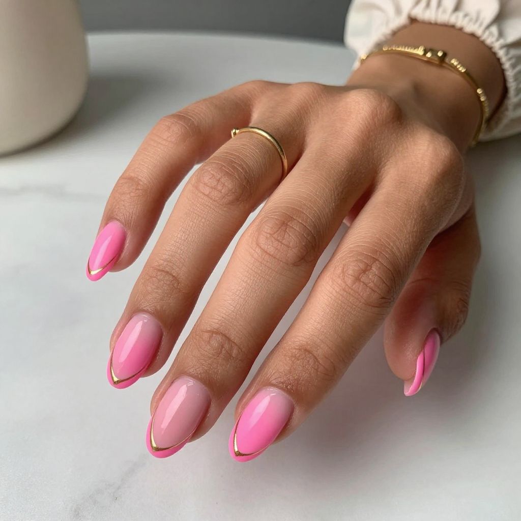 Hot Pink Satin French with Gold Detail Nails