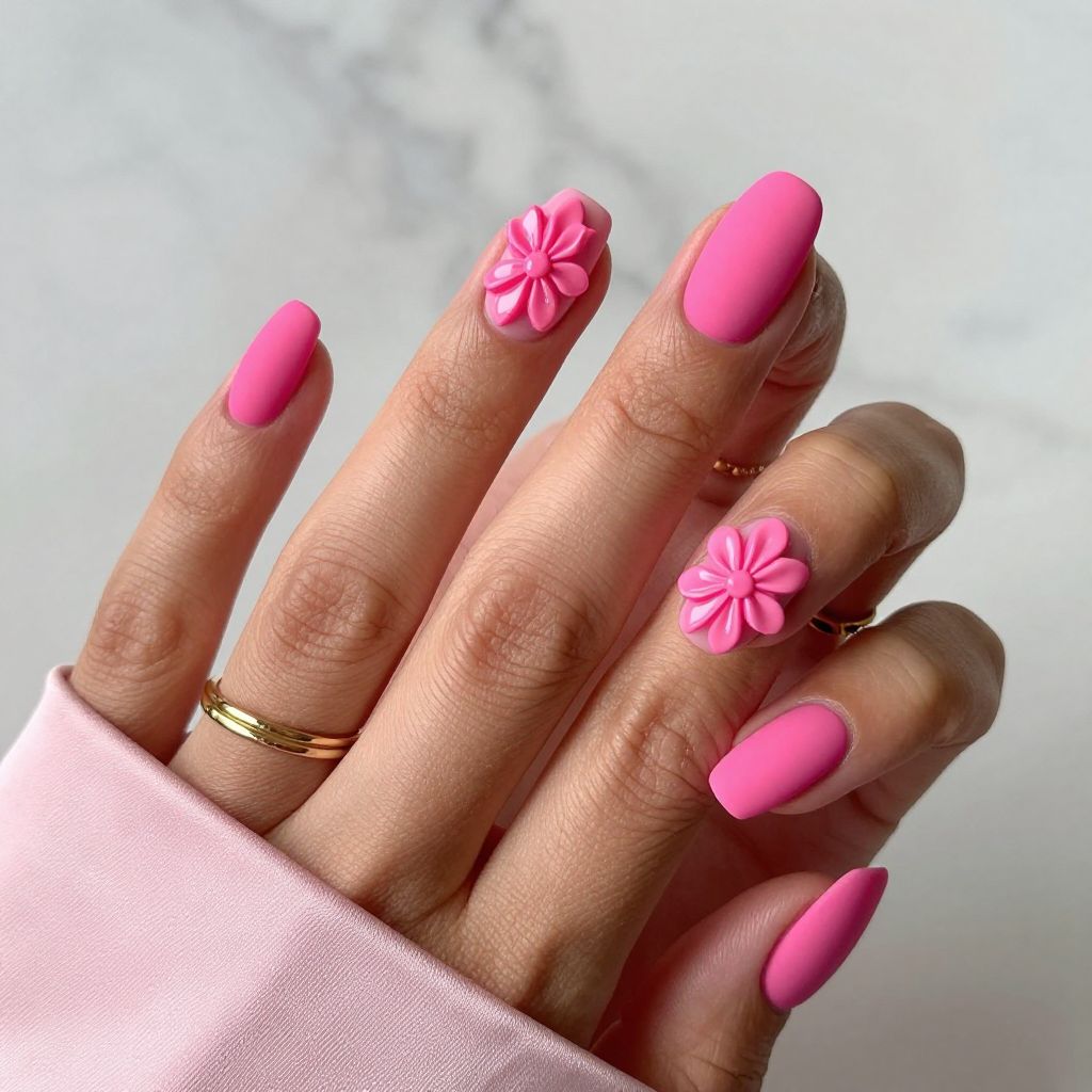 Hot Pink Matte Base with Glossy Floral Accents Nails