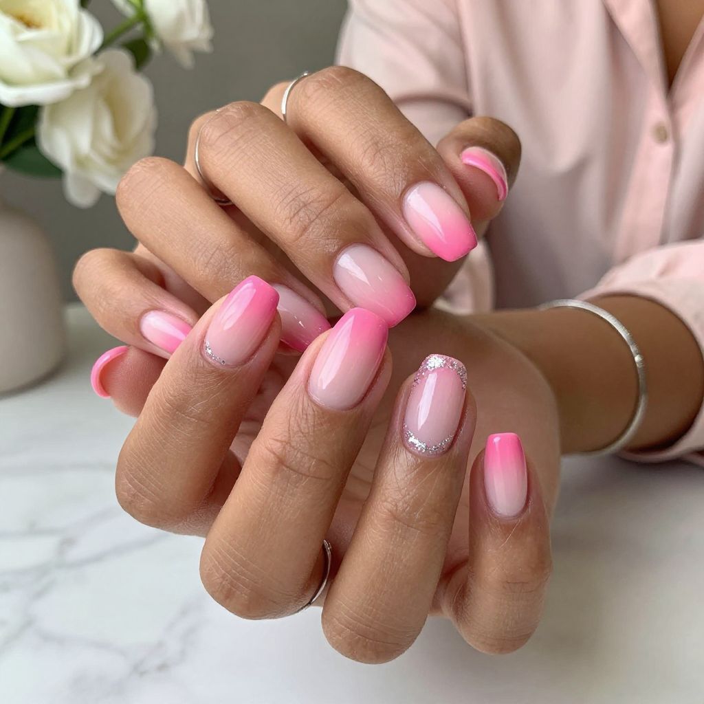 Hot Pink Ombre with Silver Glitter Nails